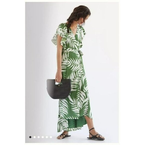 Anthropologie Hutch Palms Wrap Maxi Dress, Green And Cream, US Size L flowy - Picture 1 of 10